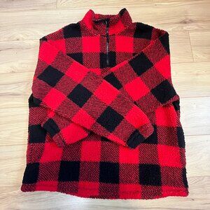 Old Navy Mens Pullover Sweatshirt Red Black 1/4 Zip Buffalo Plaid Sherpa Large